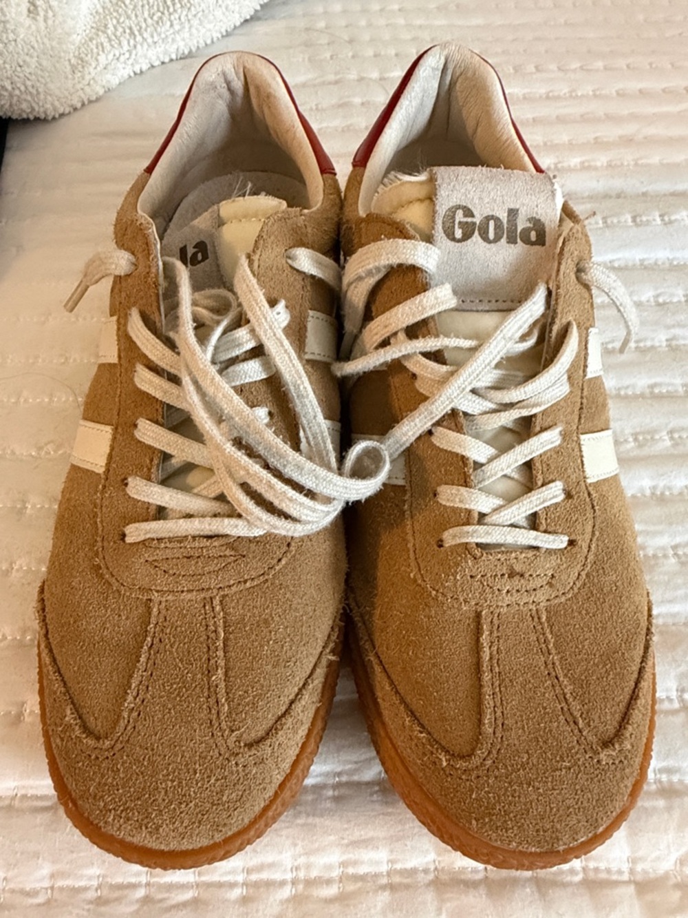 Gola Tan Suede Sneakers with White Stripes and Red Heel